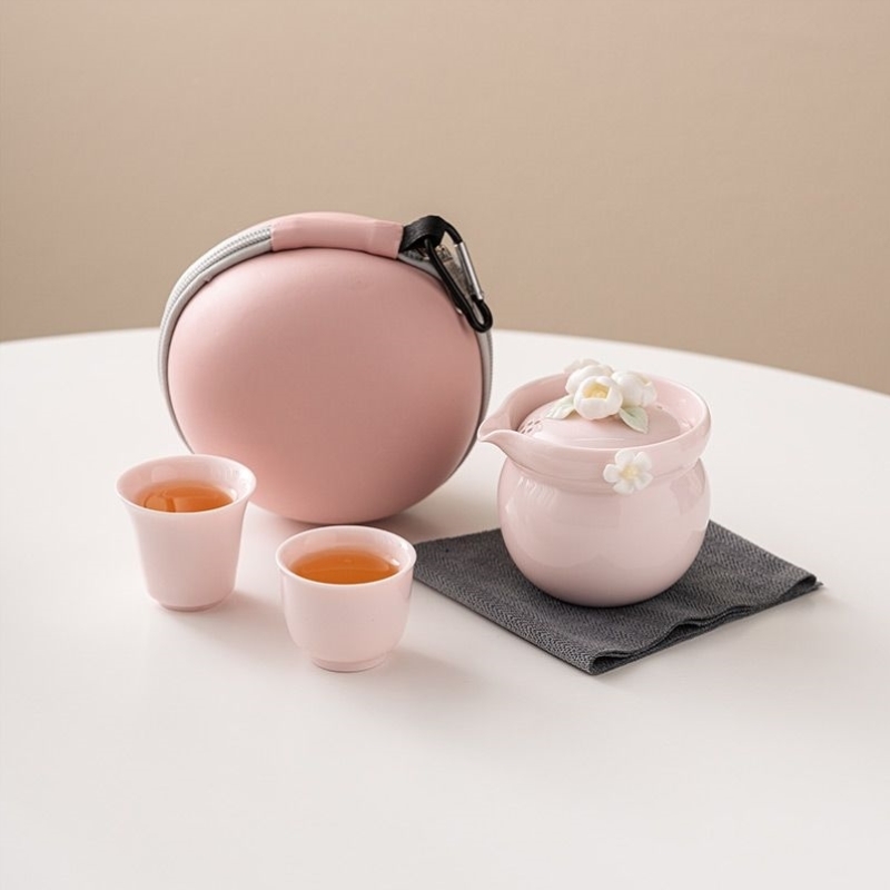 七夕脂粉色捏花旅行茶具便携式旅行套装女士陶瓷快客杯泡茶壶茶杯