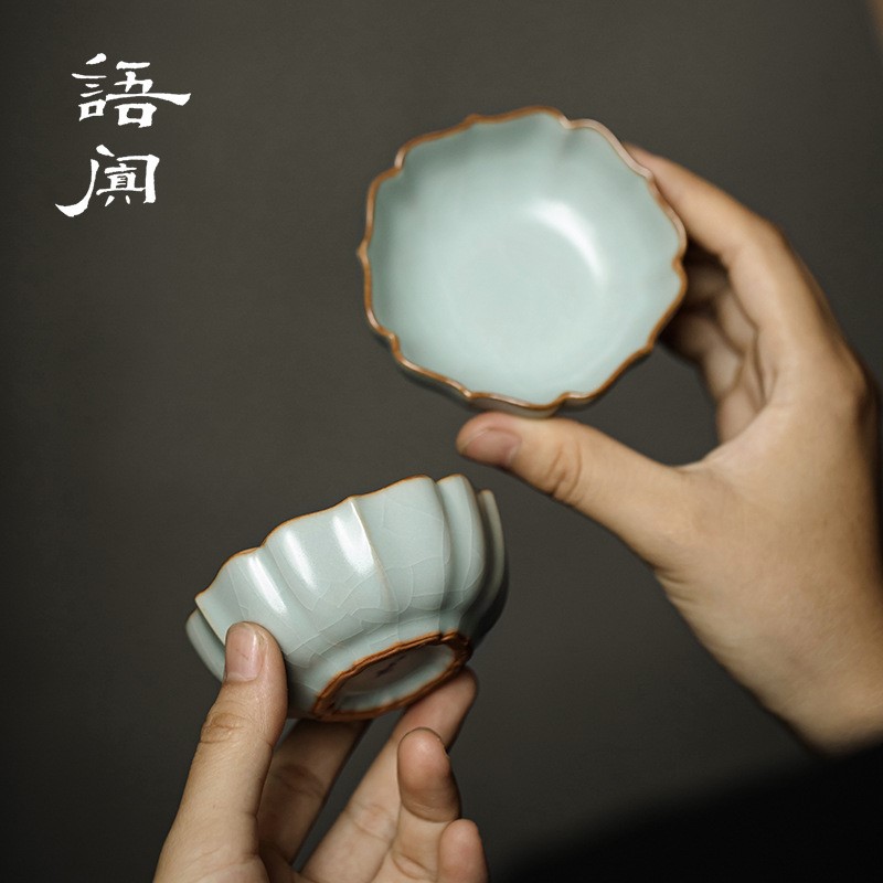 台湾丰子汝窑对杯汝瓷品茗杯手工茶杯陶瓷茶具可养茶盏开片可养