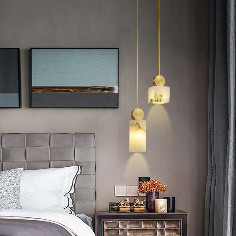 北欧卧室床头灯云石设计师吊灯新中式全铜小吊灯Marble wall lamp