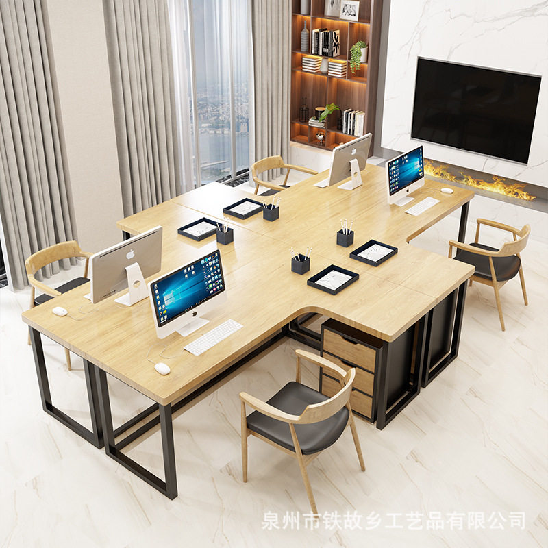 简约现代实木转角办公桌椅组合 创意带储物柜子员工电脑桌子批发