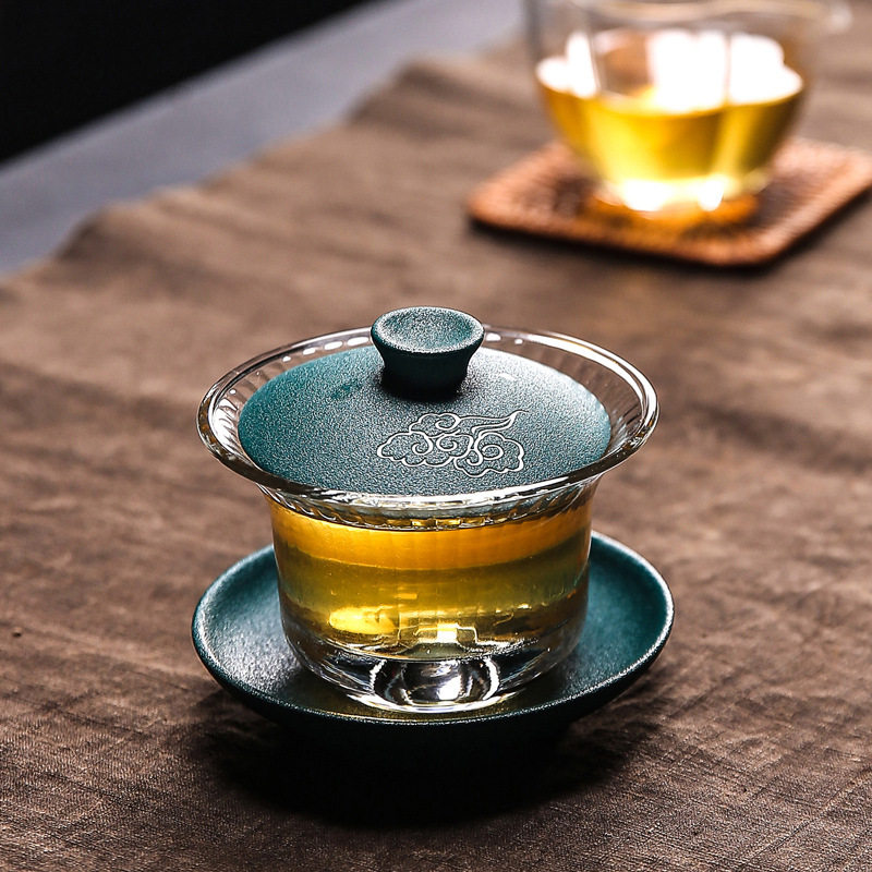 ?批发中式耐热玻璃茶杯盖碗家用陶瓷三才泡茶碗加厚带盖透明敬