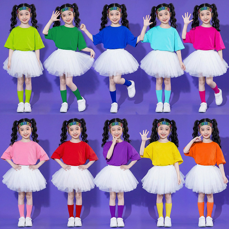 儿童啦啦队演出服女童糖果色舞蹈表演服小学生幼儿园团体服装彩色