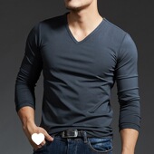 v领长袖 上衣男 紧身内搭套头潮流秋装 t恤男深灰色修身 打底衫