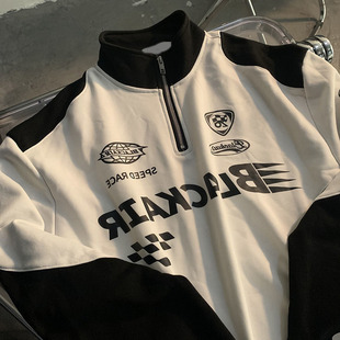 原创美式复古半拉链赛车服卫衣男女春秋情侣潮牌欧美高街机车外套