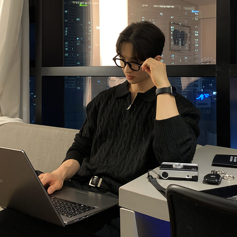 ASCLO秋冬轻熟简约POLO衫毛衣半拉链套头麻花针织衫韩国男装翻领