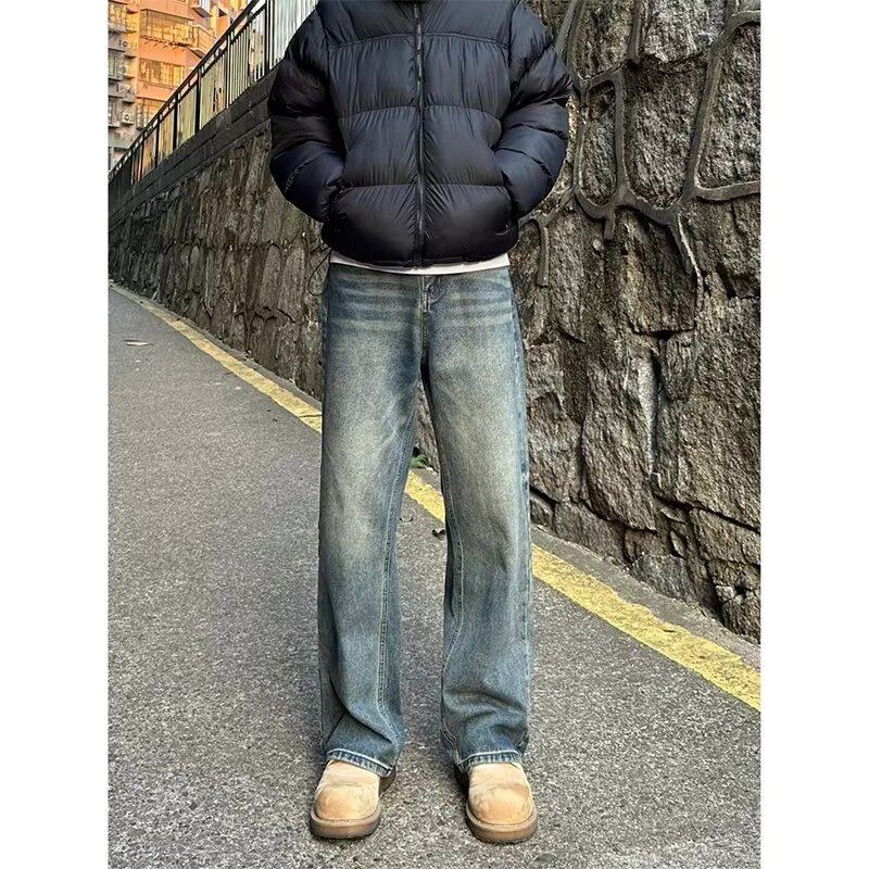 复古蓝猫须牛仔裤男款秋冬直筒宽松阔腿裤子修身cleanfit微喇长裤