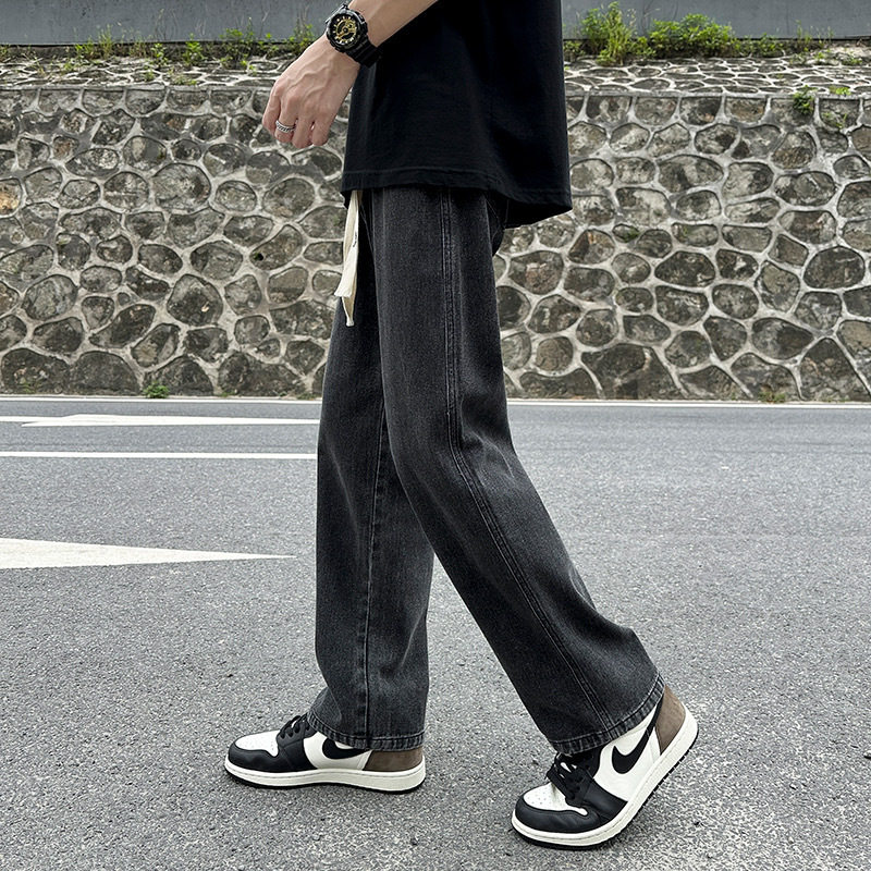 浅蓝色牛仔裤男款春秋季抽绳松紧腰宽松直筒裤美式高街vibe风裤子