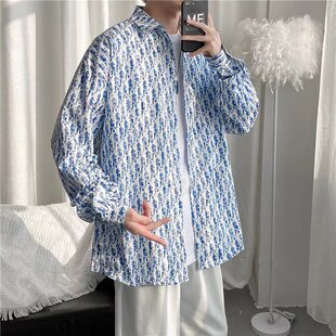 条纹衬衫男春季美式复古长袖衬衣港风内搭外套