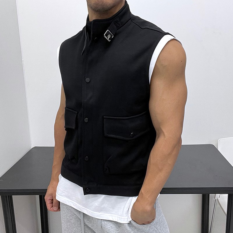 超赞质感!厚实纽扣拉链无袖马甲卫衣外套宽松潮男微阔版简约时髦