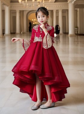 女童礼服高端新中式国风红色公主裙中式花童裙古筝琵琶燕尾演出服