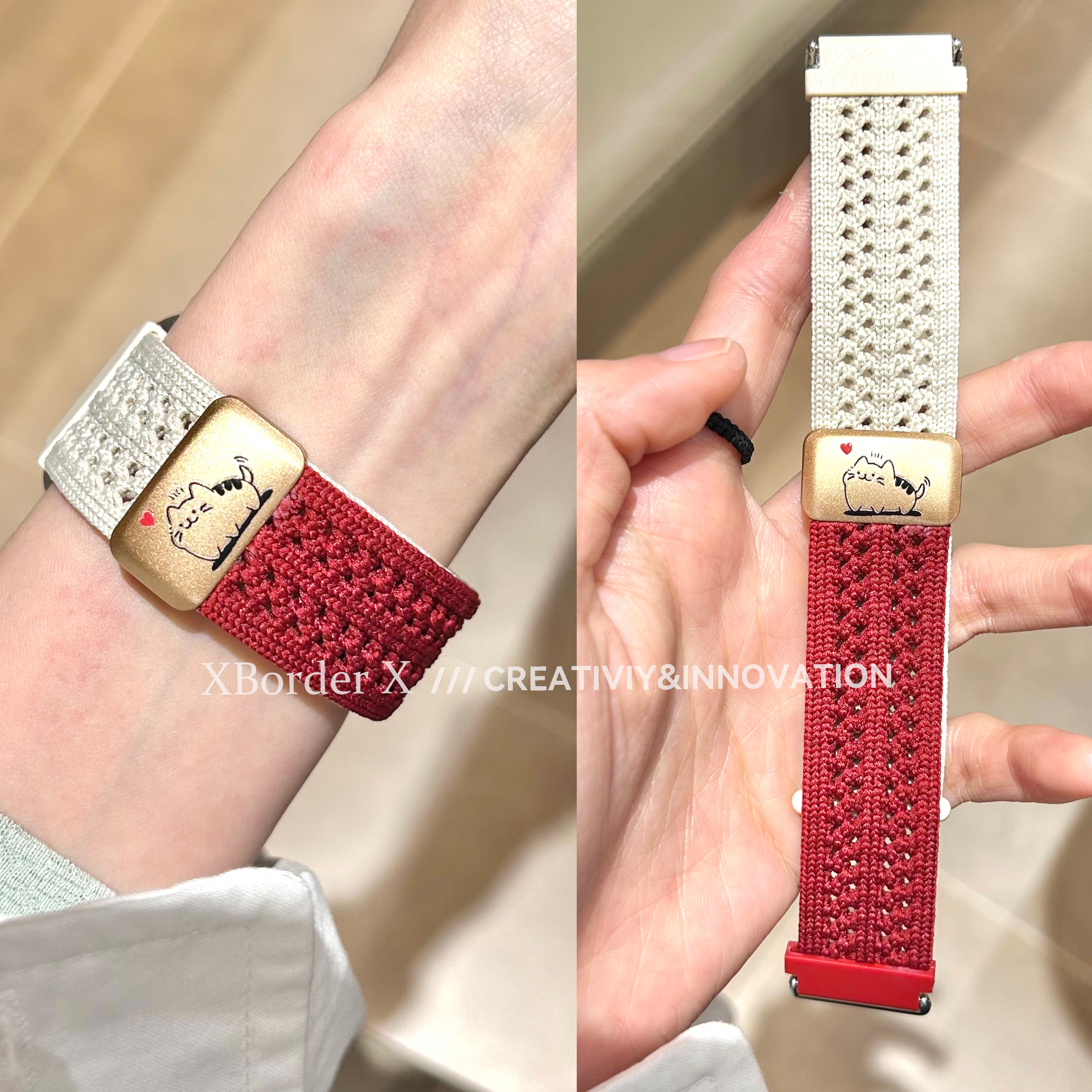 爱心猫咪拼色透气尼龙华为watch4磁吸表带适用华为fit三3手表表带