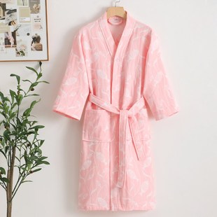 秋若薇带帽带扣儿童纱布浴袍纯棉卡通鱼三层柔软宝宝和服浴衣春夏