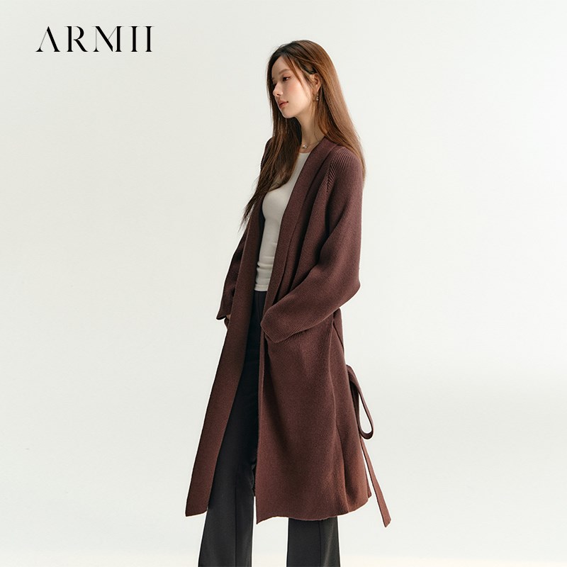 ARMII黑色长袖针织衫宽松羊毛外套女中长款系带毛衣大衣开衫秋冬