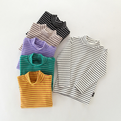 儿童条纹打底衫半高领女童中领上衣春秋外穿纯棉男童秋衣内搭长袖