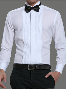 新郎燕子领结白色衬衣礼服衬衫男长袖晚宴会司仪衬衫演出主持衬衫