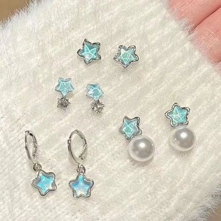 耳钉耳环新款耳饰璀璨之星蓝色星星锆石银针耳钉女气质清冷感耳环