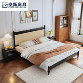 法式 复古风黑色1.8米双人储物主卧婚床小法式 中古名宿藤编实木床