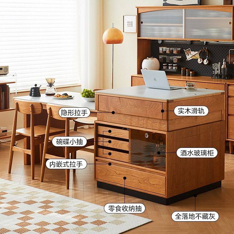 日式简约全实木樱桃木岛台餐桌一体家用小户型可伸缩吧台岩板餐桌