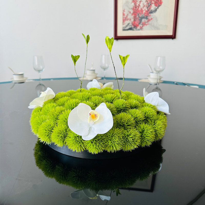 酒店餐桌花摆花大圆桌中间装饰摆件假花餐厅台面转盘摆设花艺