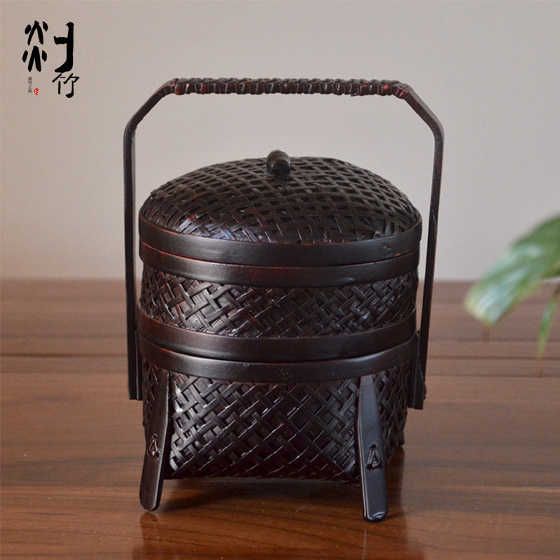 竹编精致双层食篮点心盒 茶具收纳篮茶道摆件配件 带盖防尘储物盒
