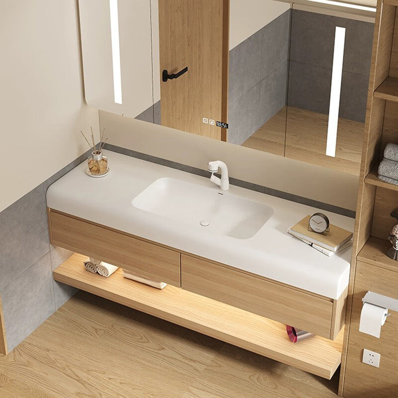 原木风可丽耐岩板热弯无缝一体盆浴室柜组合实木洗脸洗漱台盆包邮