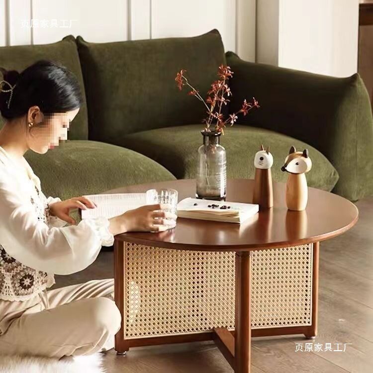 日式北欧简约实木藤编茶几组合