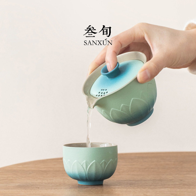 叁旬锦绣莲华盖碗茶杯单个不烫手手抓壶泡茶快客杯便携式旅行茶具