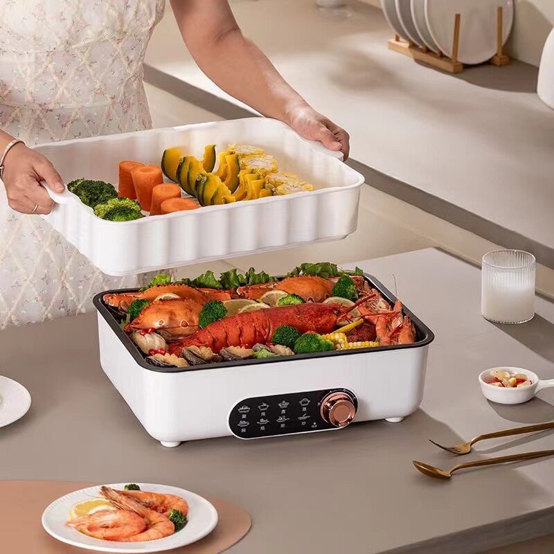 多功能电煮锅料理煎炒蒸煮一体锅火锅烤鱼专用煎锅大容量料理锅