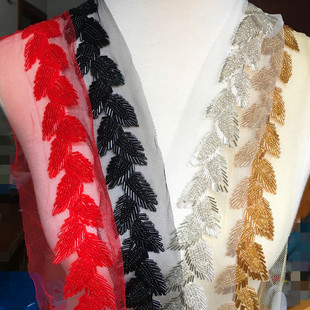 金银黑红色树叶形钉珠花边服装辅料网纱米珠花边条DIY裙子装饰条
