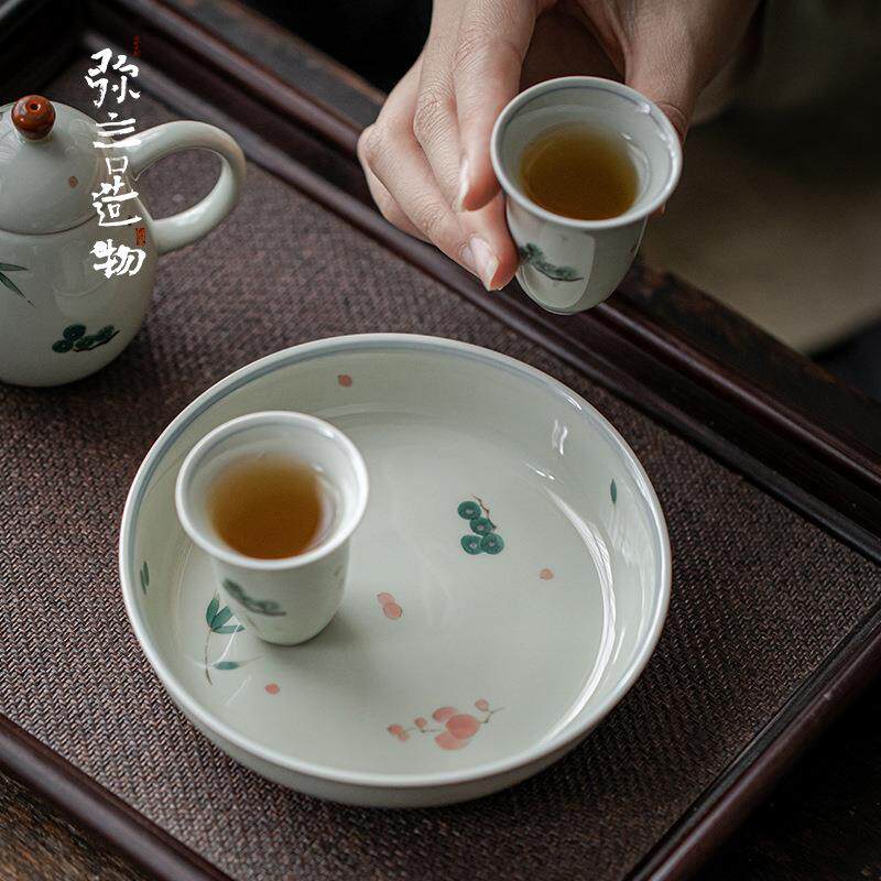 弥言釉下彩手绘干泡壶承茶托秘青陶瓷小茶台茶盘茶点盘茶道配件