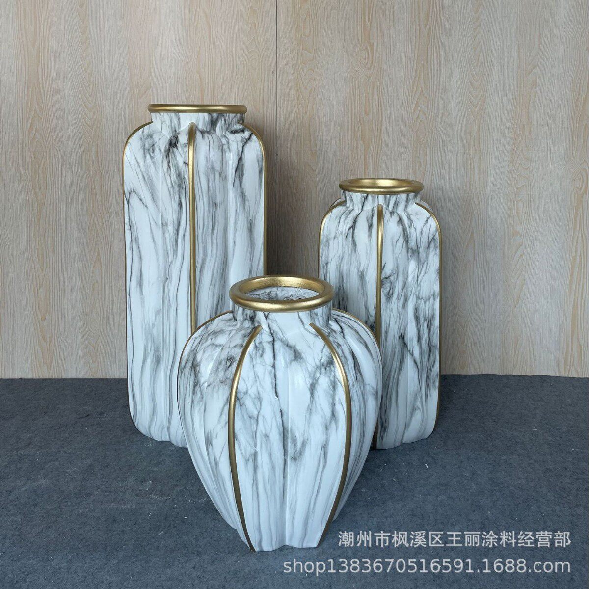 现代北欧 落地大花瓶 玻璃钢景观大理石纹花盆 家居别墅花器套装