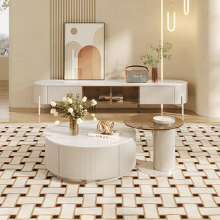 新款 现代奶油茶几电视柜组合小户型客厅圆形岩板家用家具PT059