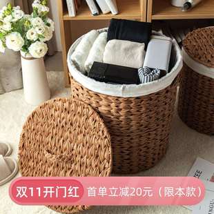 藤编脏衣篮带盖子布衬手编衣物收纳筐仿水仙草 1VPR轻奢风欧式