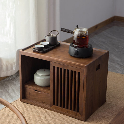 新中式实木茶水柜日式榻榻米边几柜黑胡桃木家用矮桌多功能收纳柜