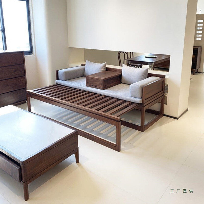 罗汉床新中式2025新款茶几组合实木双人黑胡桃木现代简约客厅