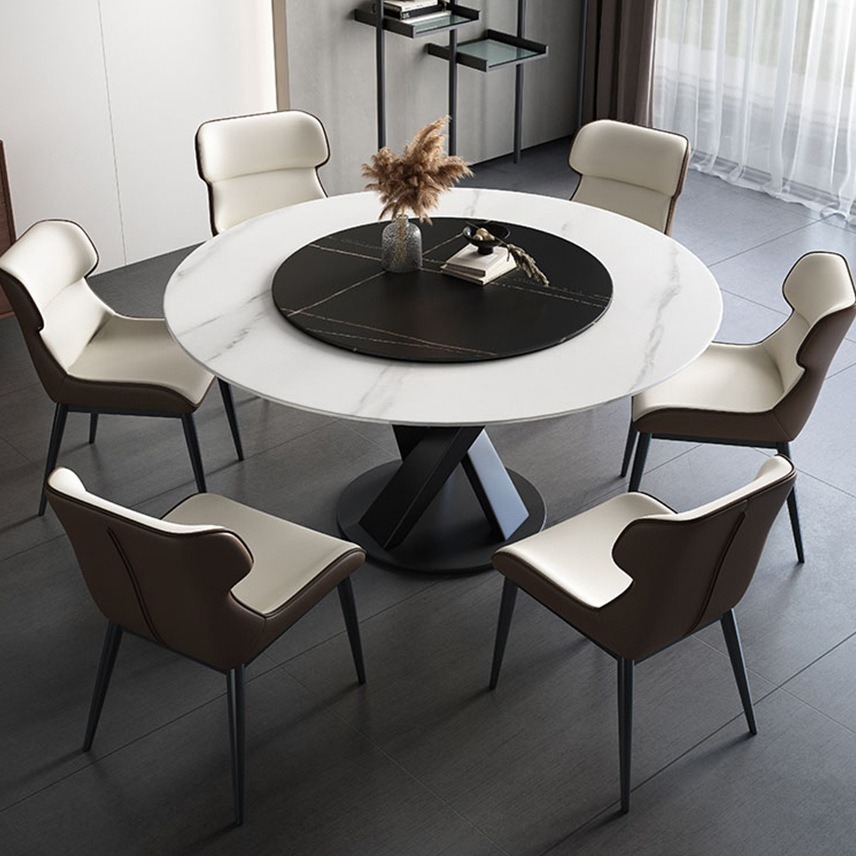 岩板餐桌椅组合意式轻奢家用小户型圆桌现代简约圆形带转盘饭桌子