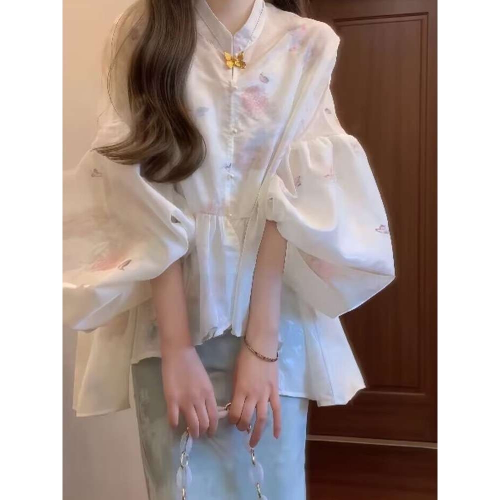 温柔仙气超显瘦禅意套装新中式宽松开衫上衣女蓝色半裙两件套