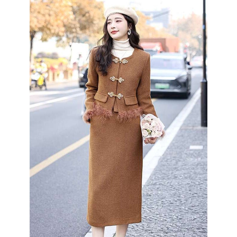女装时尚套装冬装新款内胆加羽绒圆领外套中长裙两件套裙 SX2899