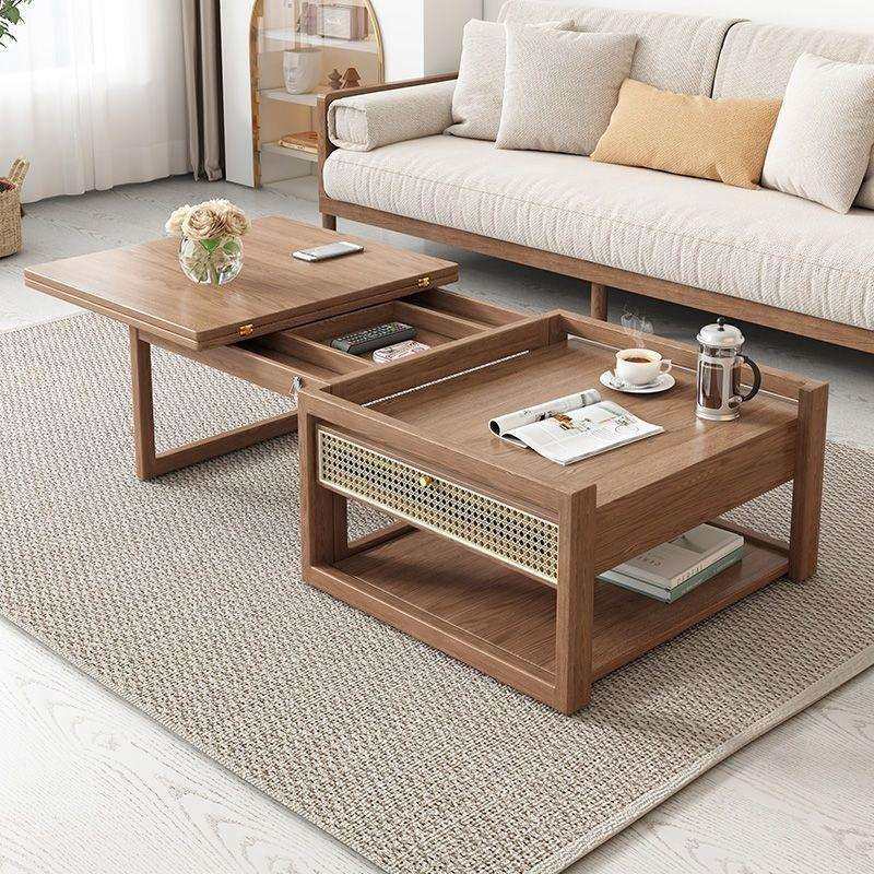 小木屋日式简约现代原木风升降茶几餐桌一体客厅全实木组合中北欧