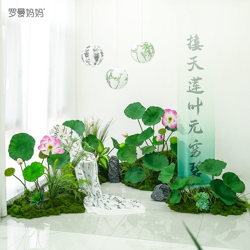 新中式仿真荷花荷叶造景摆件