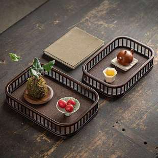 中式竹茶盘茶托长方形竹制托盘日式编织席面小茶托盘茶盘餐点盘子