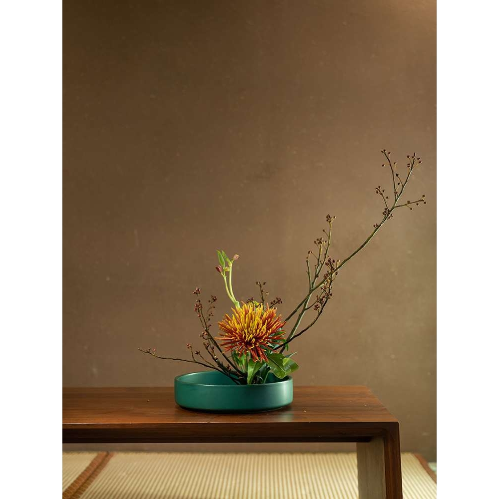 剑山插花器圆盘花器小原流池坊花道中华花艺简约中式陶瓷器皿水盘