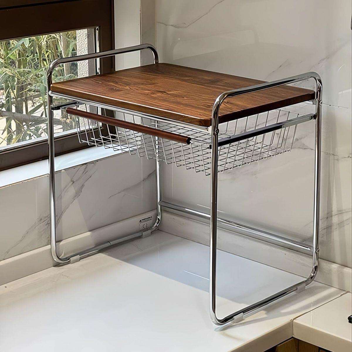 厨房中古风置物架抽屉收纳桌面家用烤箱架子微波炉支架