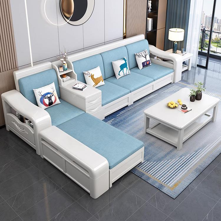 实木沙发组合白色现代简约冬夏两用家用小户型储物转角贵妃沙发