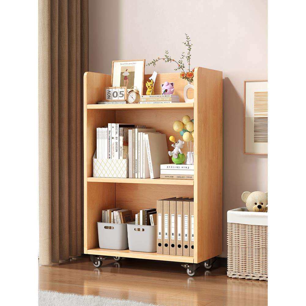 实木儿童书架可移动书包置物架橡胶木移动柜绘本展示架桌边收纳柜