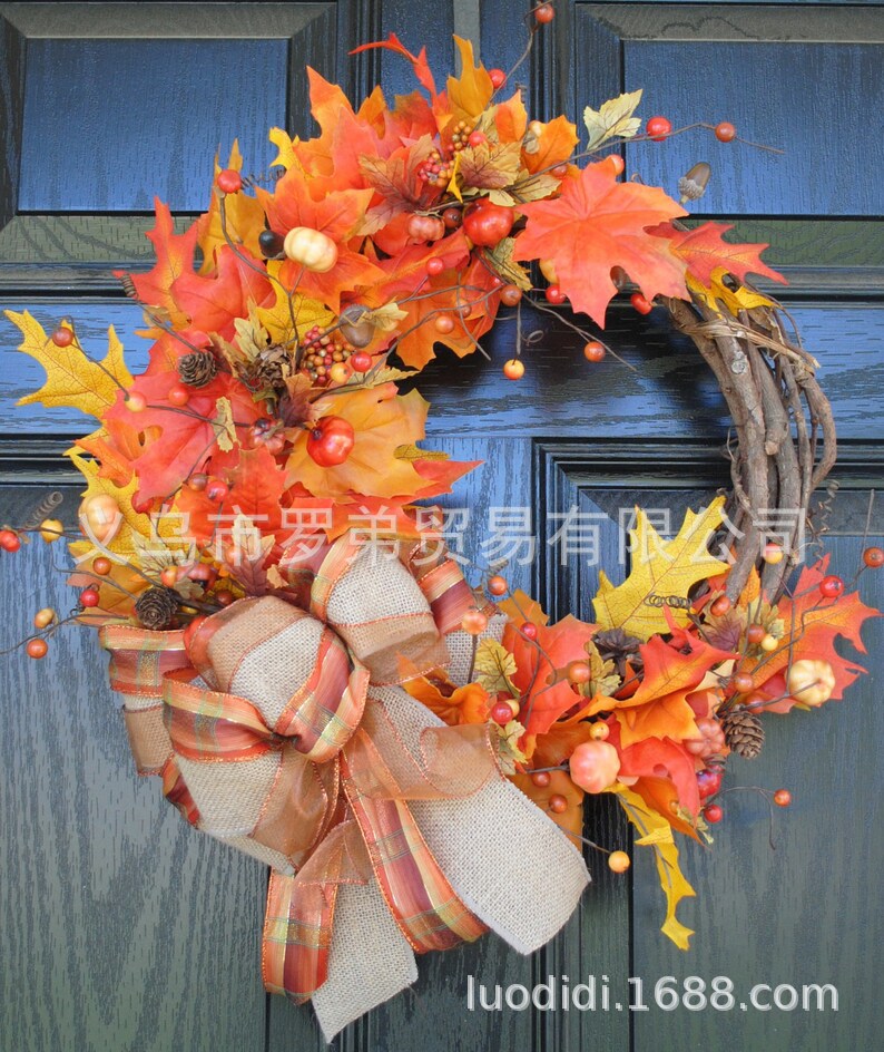 亚马逊跨境新款秋季花环门挂仿真枫叶丰收节南瓜花环门饰居家装饰