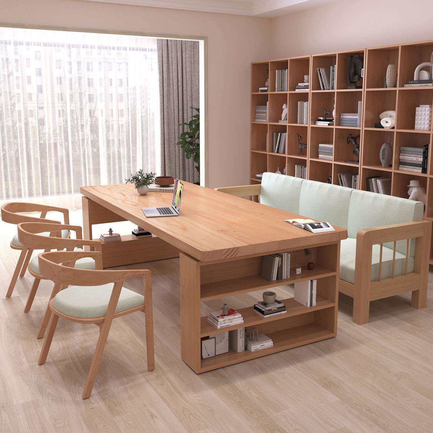 严选实木大书桌客厅家用双人简约书架一体学习桌多功能学生阅读桌