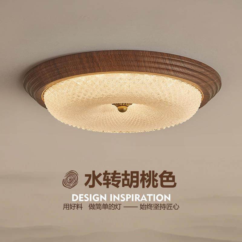 中古卧室灯吸顶灯美式复古乡村胡桃色木纹主卧房间灯新中式阳台灯