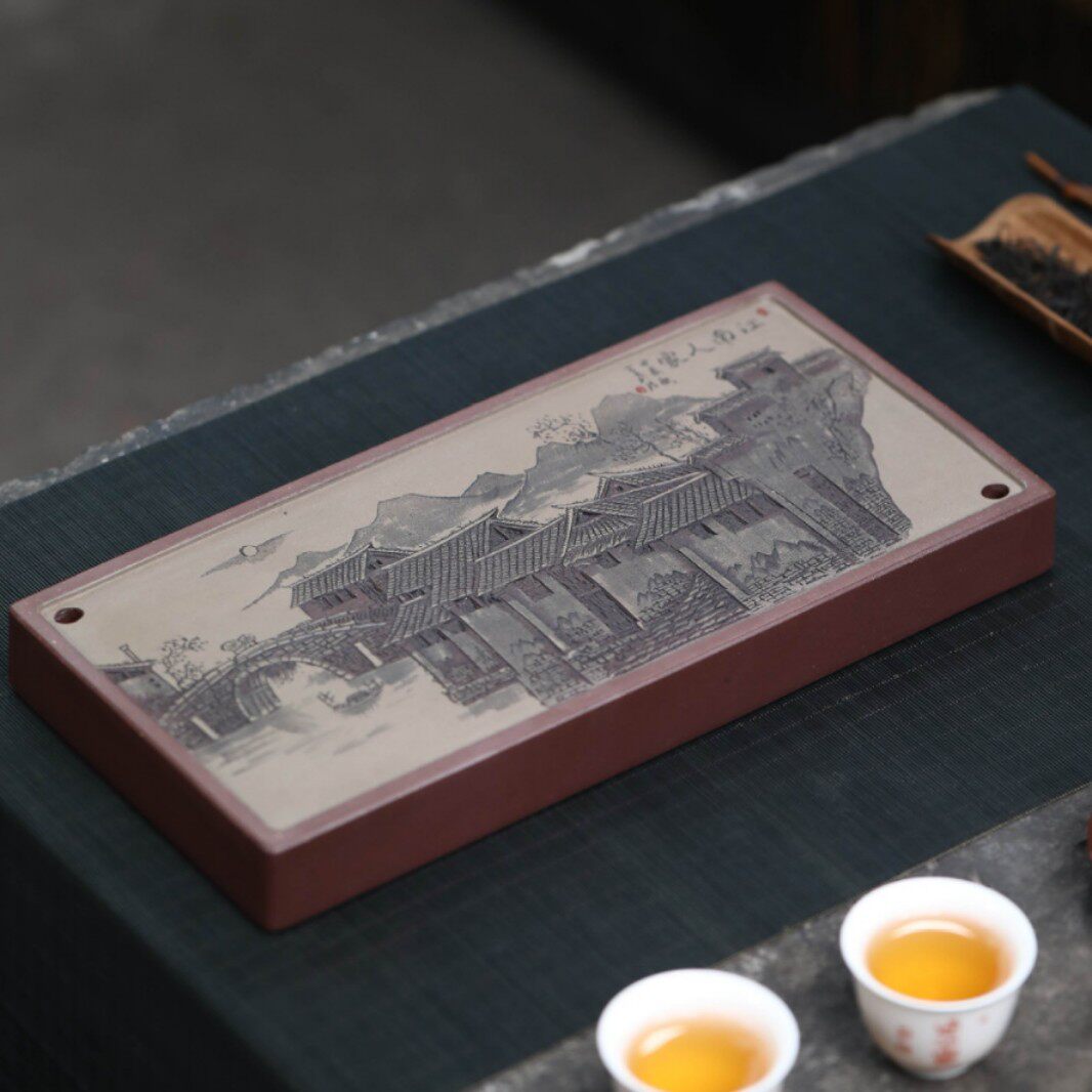 宜兴紫砂手工刻绘江南水乡茶盘