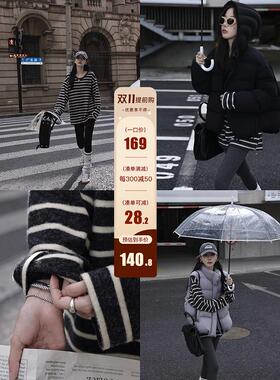 张贝贝ibell设计感日系撞色条纹针织衫女冬宽松显瘦毛呢长袖上衣